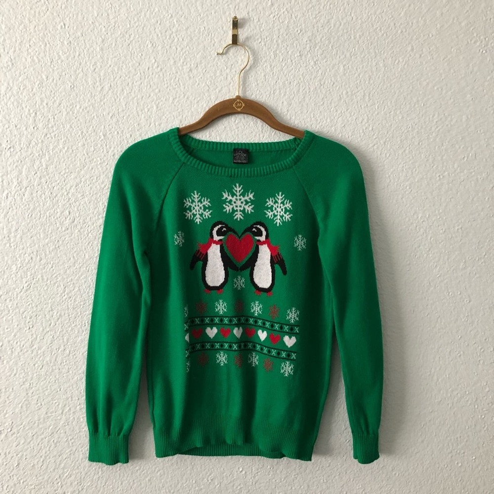 LOL Vintage Green Christmas Sweater Penguin Hearts